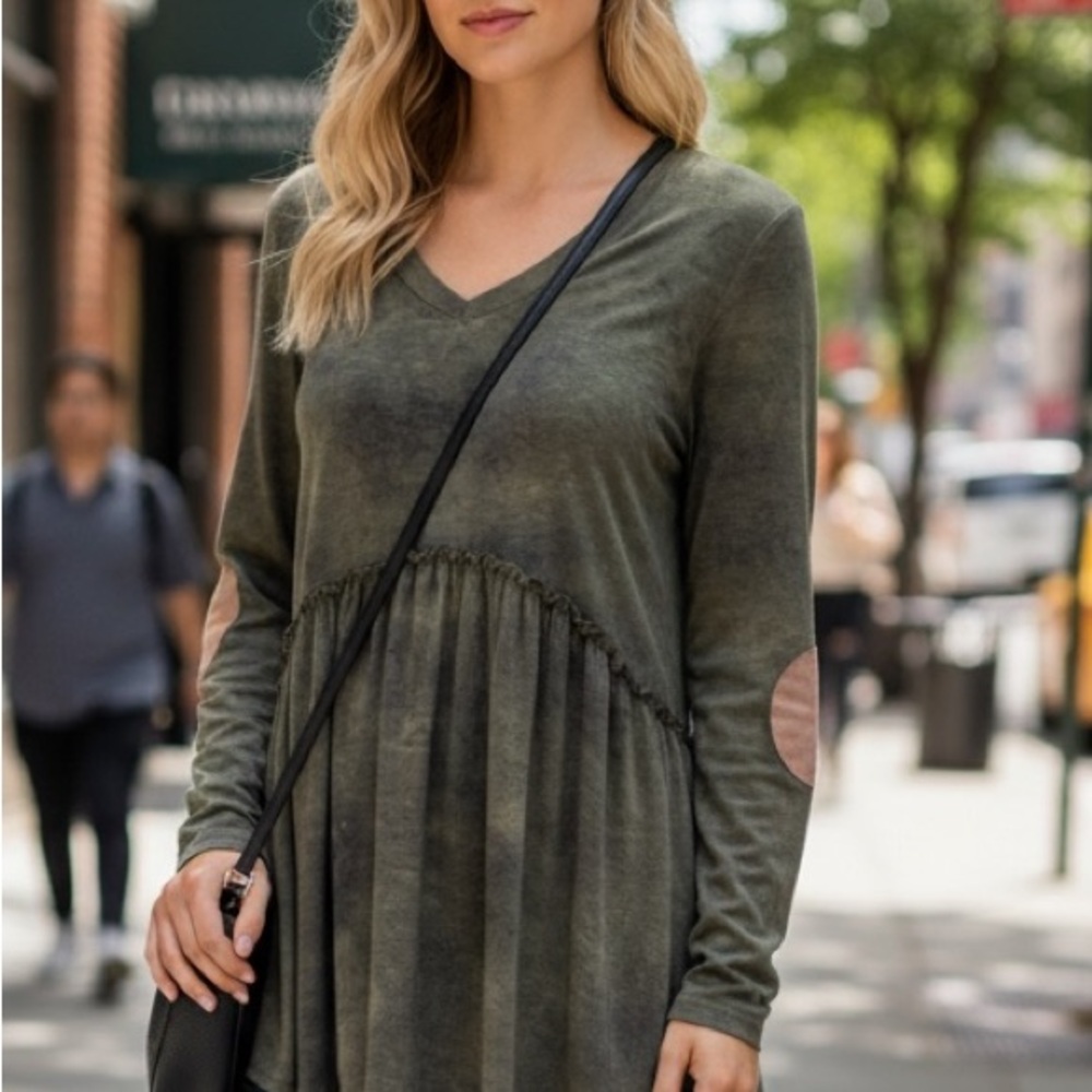 NEW•XL-2X•Gigi Gorgeous Acid Wash Swing Dress With Elbow Patches